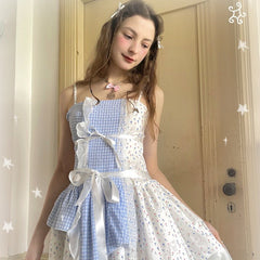 Angel's Wandering Floral Check Patchwork Irregular Suspender Dress - MEIMMEIM(メイムメイム)