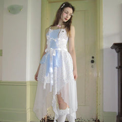 Angel's Wandering Floral Check Patchwork Irregular Suspender Dress - MEIMMEIM(メイムメイム)