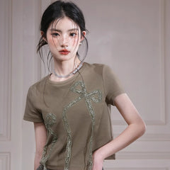 Apricot Oolong Jasmine Green Three - dimensional Bow T - shirt - MEIMMEIM(メイムメイム)