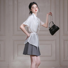 Apricot White Bamboo Shadow Shoulder Pleated Waist Shirt - MEIMMEIM(メイムメイム)