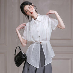 Apricot White Bamboo Shadow Shoulder Pleated Waist Shirt - MEIMMEIM(メイムメイム)