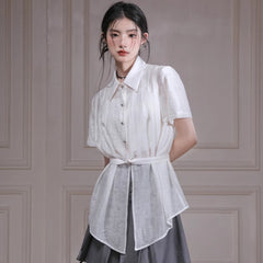 Apricot White Bamboo Shadow Shoulder Pleated Waist Shirt - MEIMMEIM(メイムメイム)