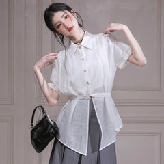 Apricot White Bamboo Shadow Shoulder Pleated Waist Shirt - MEIMMEIM(メイムメイム)