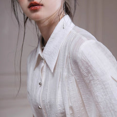 Apricot White Bamboo Shadow Shoulder Pleated Waist Shirt - MEIMMEIM(メイムメイム)