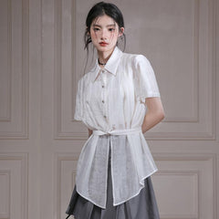 Apricot White Bamboo Shadow Shoulder Pleated Waist Shirt - MEIMMEIM(メイムメイム)