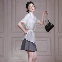 Apricot White Bamboo Shadow Shoulder Pleated Waist Shirt - MEIMMEIM(メイムメイム)