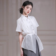 Apricot White Bamboo Shadow Shoulder Pleated Waist Shirt - MEIMMEIM(メイムメイム)