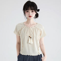 Beige tassel lace sweater round neck top - MEIMMEIM(メイムメイム)