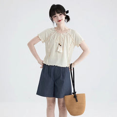 Beige tassel lace sweater round neck top - MEIMMEIM(メイムメイム)