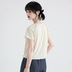 Beige tassel lace sweater round neck top - MEIMMEIM(メイムメイム)