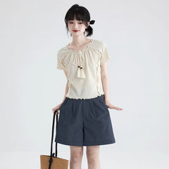 Beige tassel lace sweater round neck top - MEIMMEIM(メイムメイム)