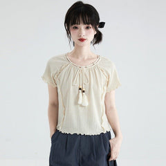 Beige tassel lace sweater round neck top - MEIMMEIM(メイムメイム)