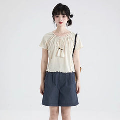 Beige tassel lace sweater round neck top - MEIMMEIM(メイムメイム)