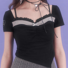 Black Thin Faux Two Piece Square Collar T-Shirt - MEIMMEIM(メイムメイム)