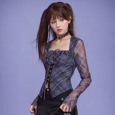 Blue and Purple Plaid Sheer Square Collar Shirt - MEIMMEIM(メイムメイム)