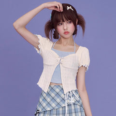 Blue and white halterneck fake two - piece top - MEIMMEIM(メイムメイム)