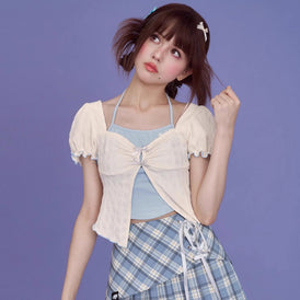 Blue and white halterneck fake two - piece top - MEIMMEIM(メイムメイム)