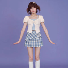 Blue and white halterneck fake two - piece top - MEIMMEIM(メイムメイム)