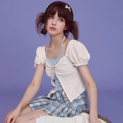 Blue and white halterneck fake two - piece top - MEIMMEIM(メイムメイム)