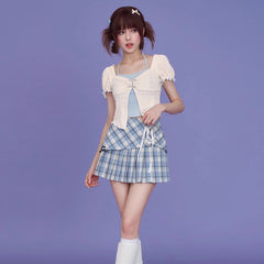 Blue and white halterneck fake two - piece top - MEIMMEIM(メイムメイム)