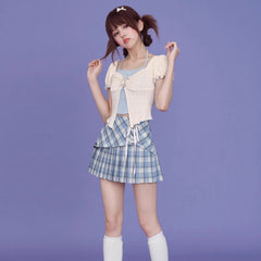 Blue and white halterneck fake two - piece top - MEIMMEIM(メイムメイム)