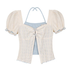 Blue and white halterneck fake two - piece top - MEIMMEIM(メイムメイム)