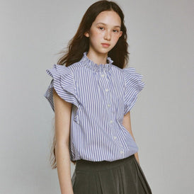 Blue and White Striped Puff Stand Collar Shirt - MEIMMEIM(メイムメイム)