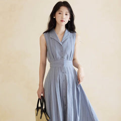 Blue long skirt dress feminine sleeveless dress - MEIMMEIM(メイムメイム)