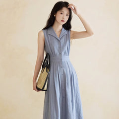 Blue long skirt dress feminine sleeveless dress - MEIMMEIM(メイムメイム)