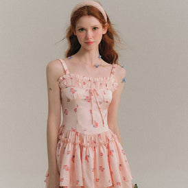 Blush Satin Mini Skirt Printed Sling Floral Dress - MEIMMEIM(メイムメイム)