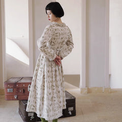 Botanical Flower Cotton Print Ruffle Round Neck Dress - MEIMMEIM(メイムメイム)