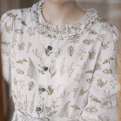 Botanical Flower Cotton Print Ruffle Round Neck Dress - MEIMMEIM(メイムメイム)