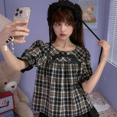 Brown plaid round neck mid - sleeve babydoll top - MEIMMEIM(メイムメイム)