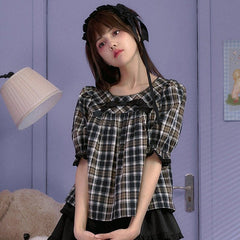 Brown plaid round neck mid - sleeve babydoll top - MEIMMEIM(メイムメイム)