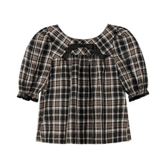 Brown plaid round neck mid - sleeve babydoll top - MEIMMEIM(メイムメイム)