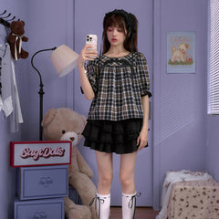 Brown plaid round neck mid - sleeve babydoll top - MEIMMEIM(メイムメイム)