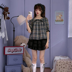 Brown plaid round neck mid - sleeve babydoll top - MEIMMEIM(メイムメイム)