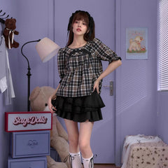 Brown plaid round neck mid - sleeve babydoll top - MEIMMEIM(メイムメイム)