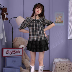 Brown plaid round neck mid - sleeve babydoll top - MEIMMEIM(メイムメイム)