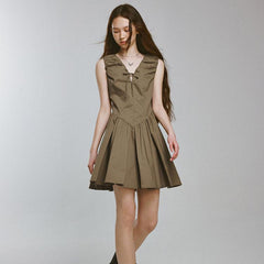 Bubble volume heavy pleats olive green V - shaped dress - MEIMMEIM(メイムメイム)