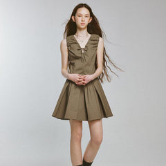 Bubble volume heavy pleats olive green V - shaped dress - MEIMMEIM(メイムメイム)