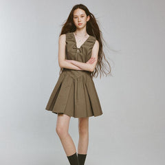 Bubble volume heavy pleats olive green V - shaped dress - MEIMMEIM(メイムメイム)