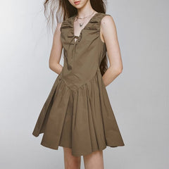 Bubble volume heavy pleats olive green V - shaped dress - MEIMMEIM(メイムメイム)