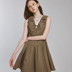 Bubble volume heavy pleats olive green V - shaped dress - MEIMMEIM(メイムメイム)