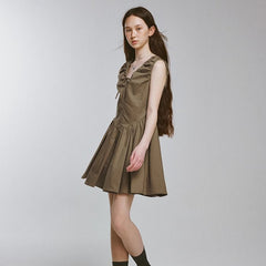 Bubble volume heavy pleats olive green V - shaped dress - MEIMMEIM(メイムメイム)