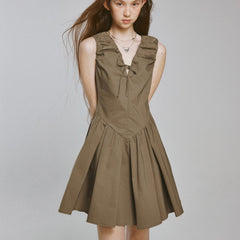 Bubble volume heavy pleats olive green V - shaped dress - MEIMMEIM(メイムメイム)