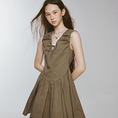 Bubble volume heavy pleats olive green V - shaped dress - MEIMMEIM(メイムメイム)