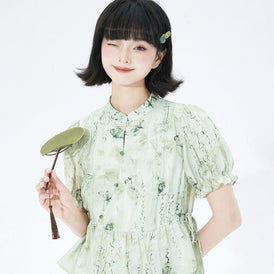 Cheongsam collar floral puff sleeves button-up short-sleeved shirt - MEIMMEIM(メイムメイム)