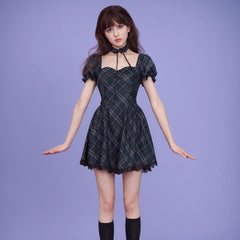 Choker plaid princess dress The waist is slim - MEIMMEIM(メイムメイム)