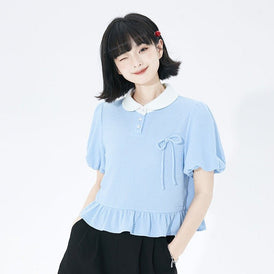 College style loose ribbon puff sleeve short top - MEIMMEIM(メイムメイム)